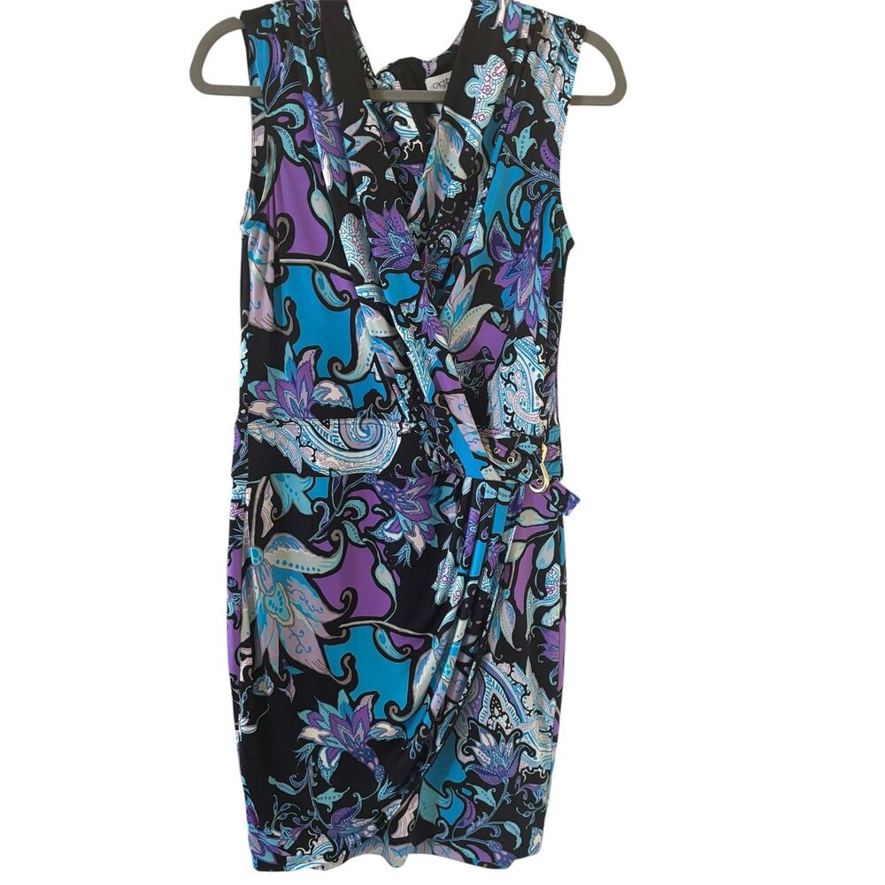 Vintage Cache Paisley Faux Wrap Midi Dress 8‎ 90s Sleeveless Colorful Buckle Art